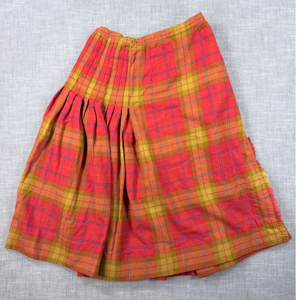 Vintage Aljean Canada Pure Virgin Wool Plaid Wrap Skirt Red Yellow Fringed Kilt